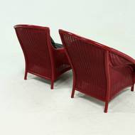 Set of 2 Sculptural Lounge Chairs in Red Lacquered Rattan 1970s