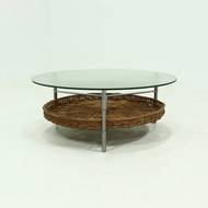 Round Coffee table with Rattan Magazine Rack and Glass Top 1960s