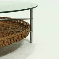 Round Coffee table with Rattan Magazine Rack and Glass Top 1960s
