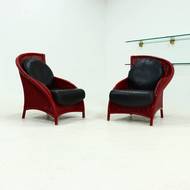 Set of 2 Sculptural Lounge Chairs in Red Lacquered Rattan 1970s