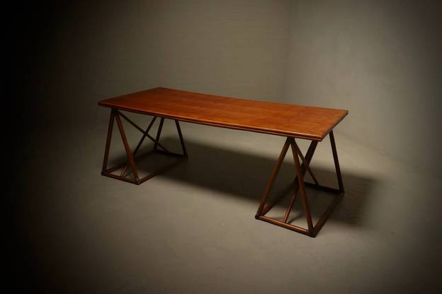 Mid Century Italian Trestle Desk or Dining Table in Bamboo and Rattan 1970s