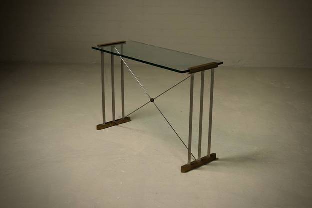 Console Table with Brass Details and Glass Top by Peter Ghyczy 1970s