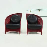 Set of 2 Sculptural Lounge Chairs in Red Lacquered Rattan 1970s
