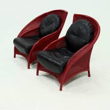 Set of 2 Sculptural Lounge Chairs in Red Lacquered Rattan 1970s