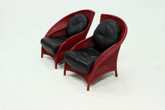 Set of 2 Sculptural Lounge Chairs in Red Lacquered Rattan 1970s