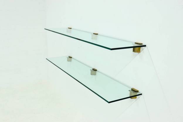 Rare Large Peter Ghyczy Brass and Glass Wall-Mounted Shelving Unit 1970s