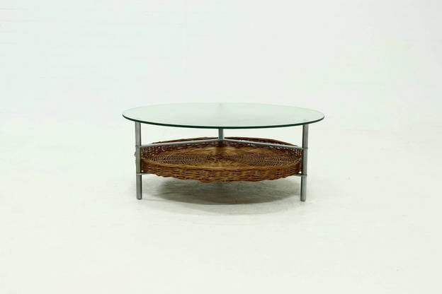 Round Coffee table with Rattan Magazine Rack and Glass Top 1960s