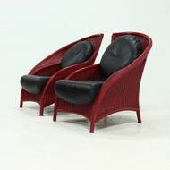 Set of 2 Sculptural Lounge Chairs in Red Lacquered Rattan 1970s